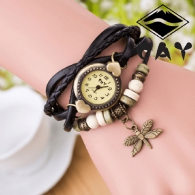 Mode Vintage Multi-Layer Dragonfly Hanger Kralen Armband Quartz Horloge Horloge