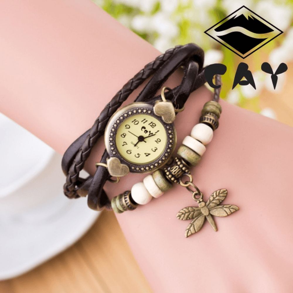 Mode Vintage Multi-Layer Dragonfly Hanger Kralen Armband Quartz Horloge Horloge