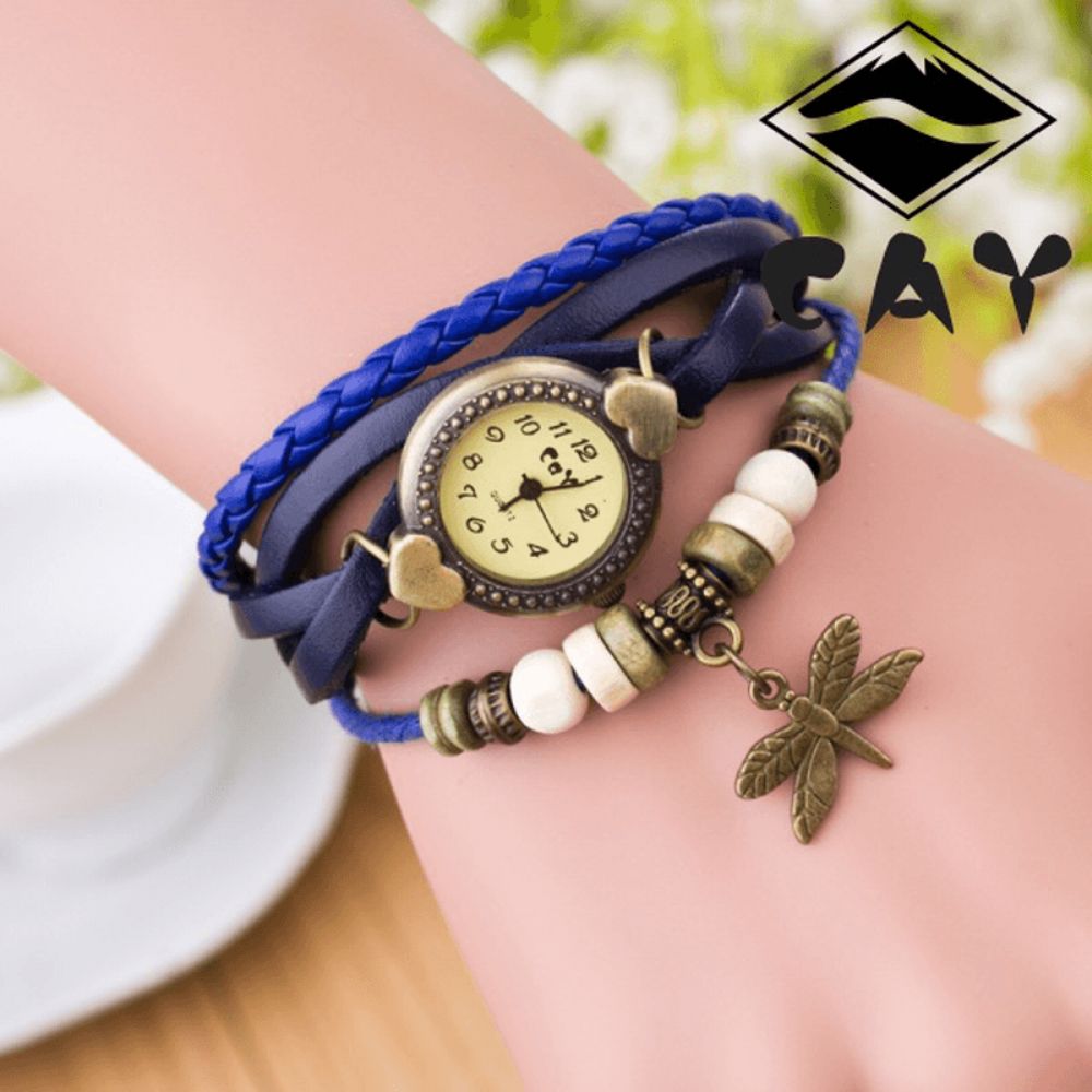 Mode Vintage Multi-Layer Dragonfly Hanger Kralen Armband Quartz Horloge Horloge