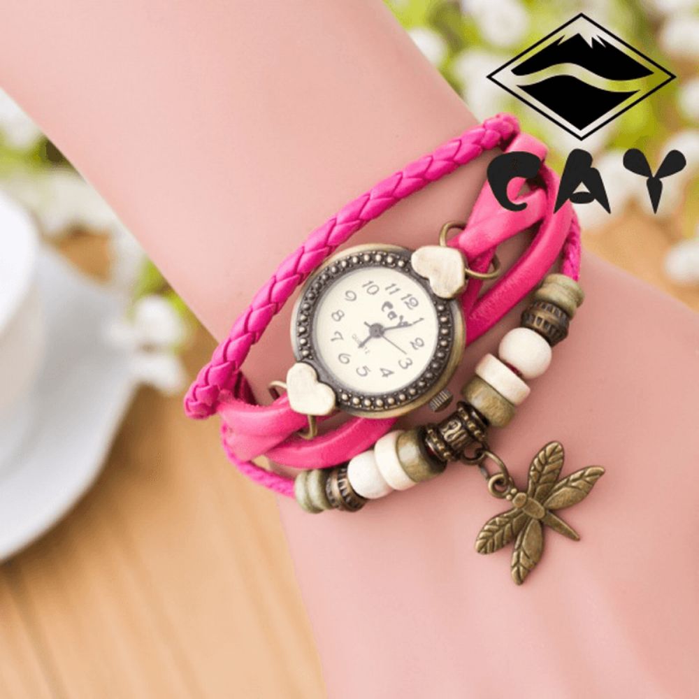 Mode Vintage Multi-Layer Dragonfly Hanger Kralen Armband Quartz Horloge Horloge