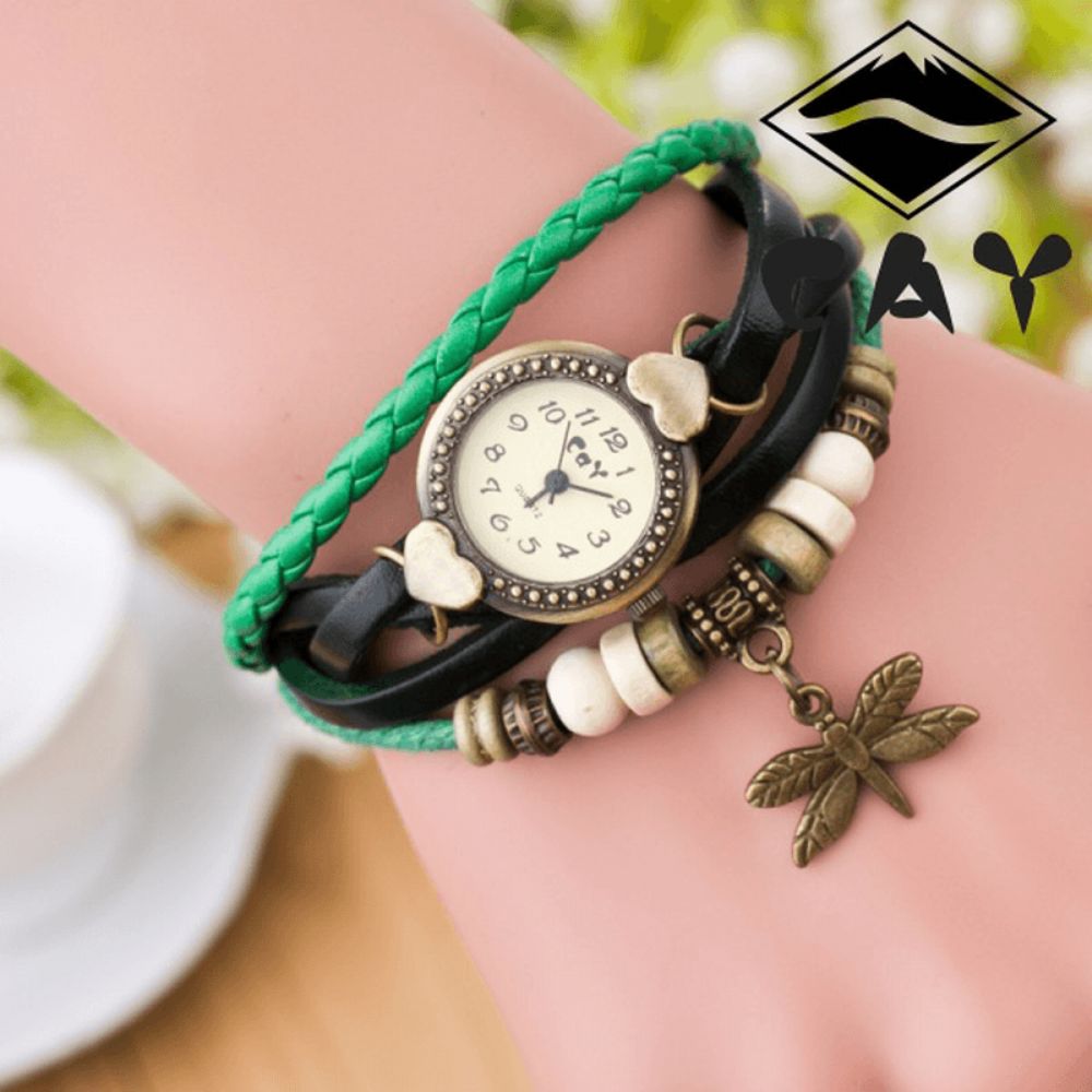 Mode Vintage Multi-Layer Dragonfly Hanger Kralen Armband Quartz Horloge Horloge