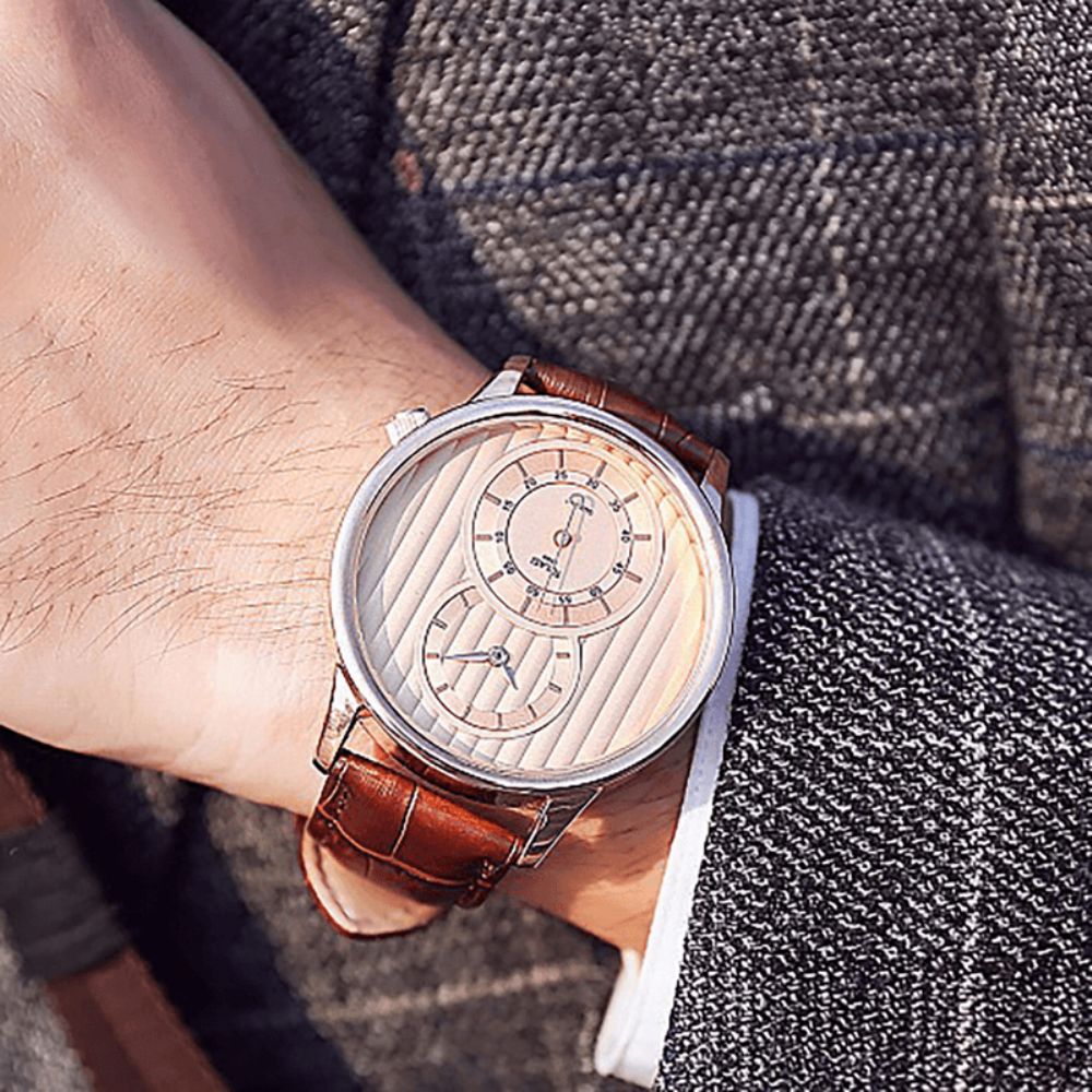 Mode Wijzerplaat Orgel Streep Twee Creatieve Wijzerplaat Lederen Heren Horloge Klassiek Quartz Horloge