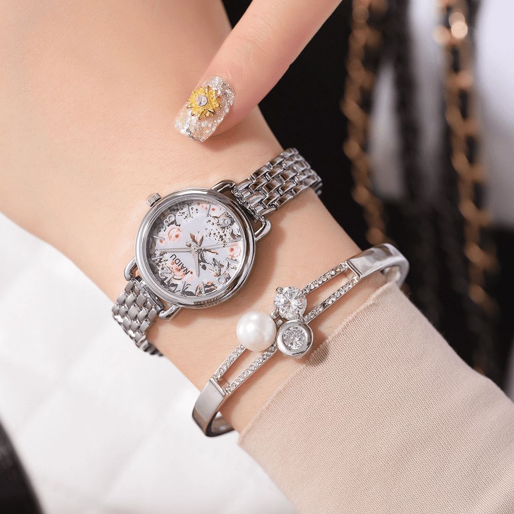 Naidu Casual Stijl Decoratief Dames Polshorloge Volledig Stalen Band Quartz Horloge