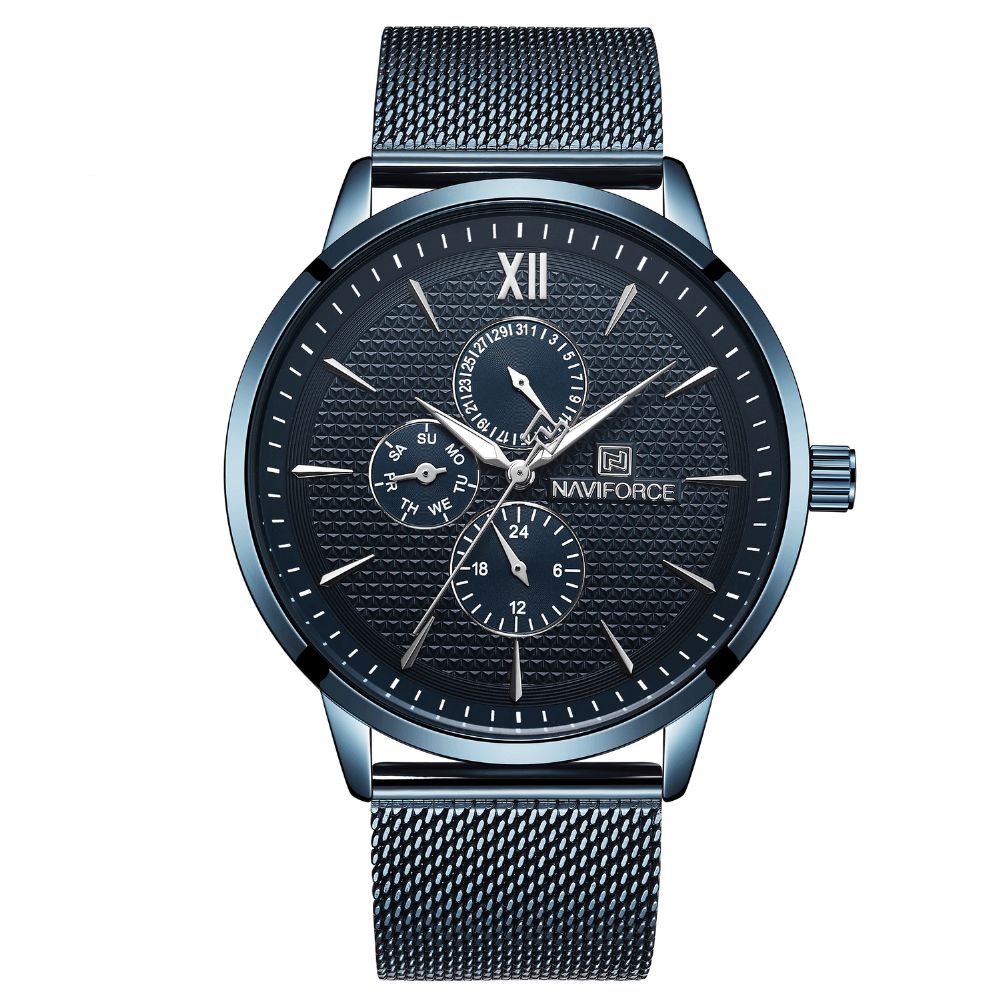 Naviforce 3003 Werkende Kleine Wijzerplaten Waterdicht Quartz Horloge Mesh Staal Ultradun Herenhorloge