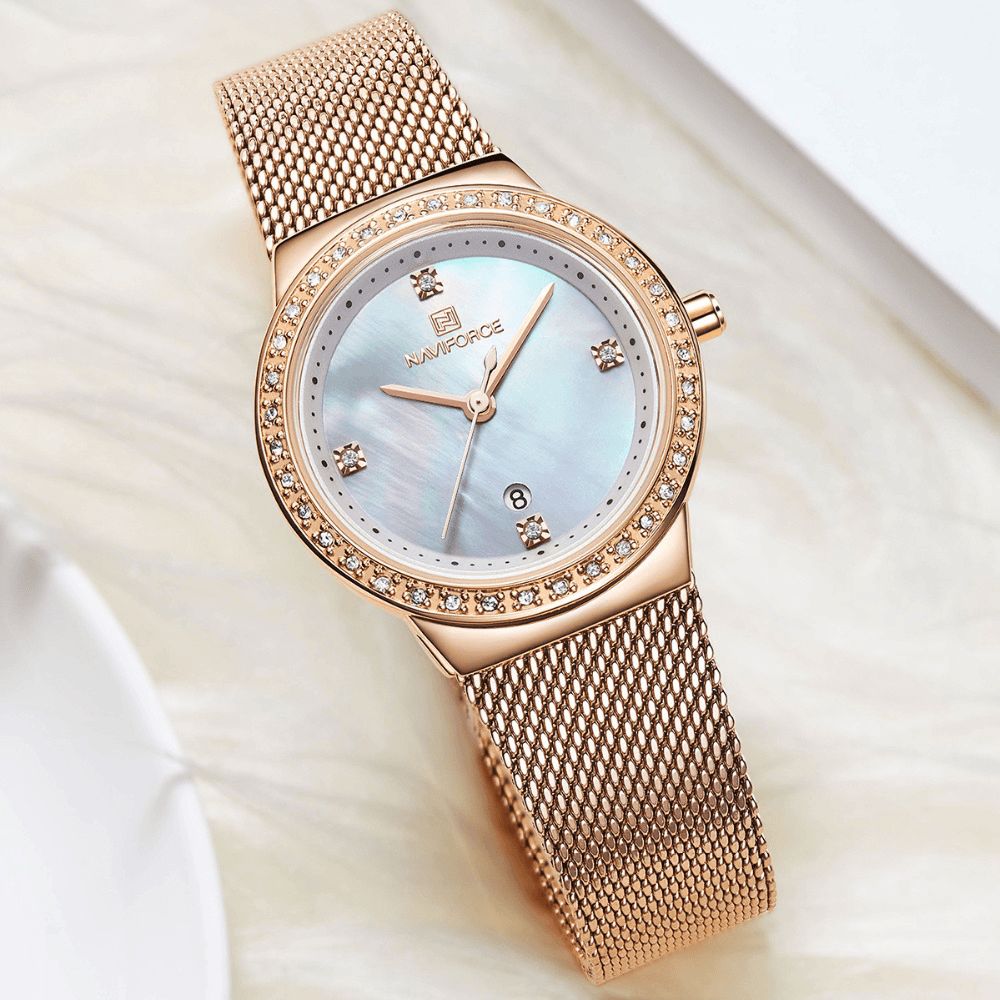 Naviforce 5005 Crystal Casual Stijl Dames Polshorloge Waterdicht Roestvrij Stalen Band Quartz Horloge