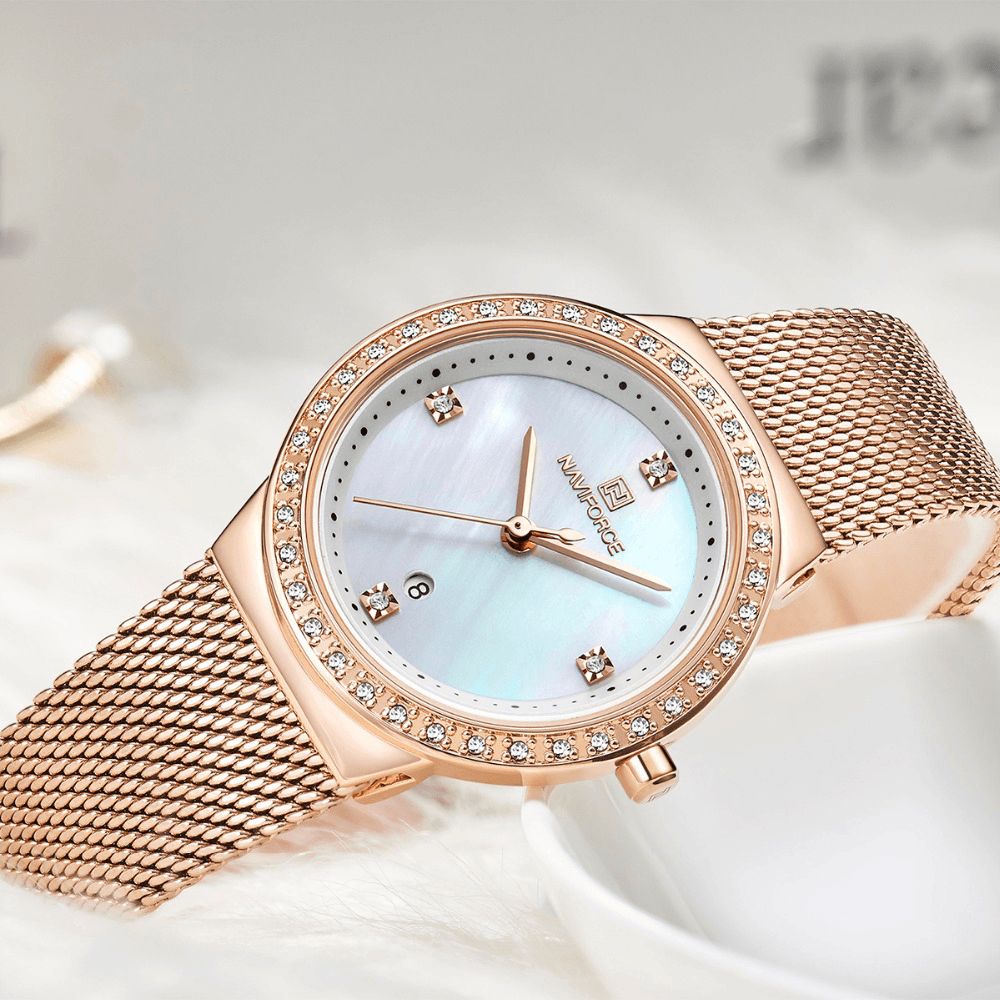 Naviforce 5005 Crystal Casual Stijl Dames Polshorloge Waterdicht Roestvrij Stalen Band Quartz Horloge