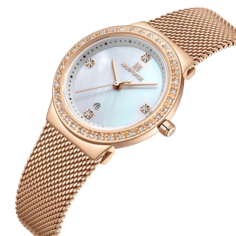 Naviforce 5005 Crystal Casual Stijl Dames Polshorloge Waterdicht Roestvrij Stalen Band Quartz Horloge