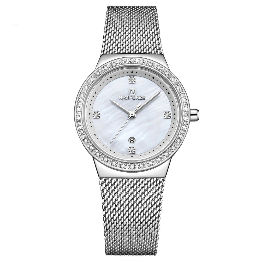 Naviforce 5005 Diamonds Casual Stijl Dames Polshorloge Mesh Stalen Datumweergave Quartz Horloge