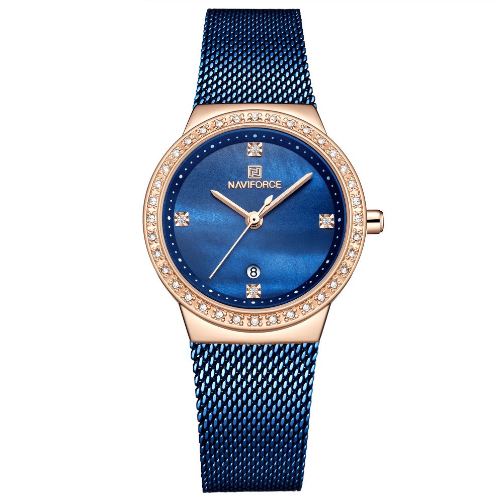 Naviforce 5005 Diamonds Casual Stijl Dames Polshorloge Mesh Stalen Datumweergave Quartz Horloge