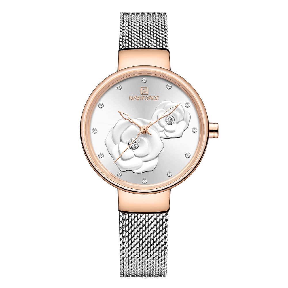 Naviforce 5013 Reliëf Wijzerplaat Unieke Stijl Dames Polshorloge Mesh Stalen Band Quartz Horloge