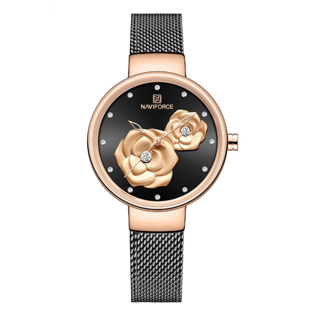 Naviforce 5013 Reliëf Wijzerplaat Unieke Stijl Dames Polshorloge Mesh Stalen Band Quartz Horloge