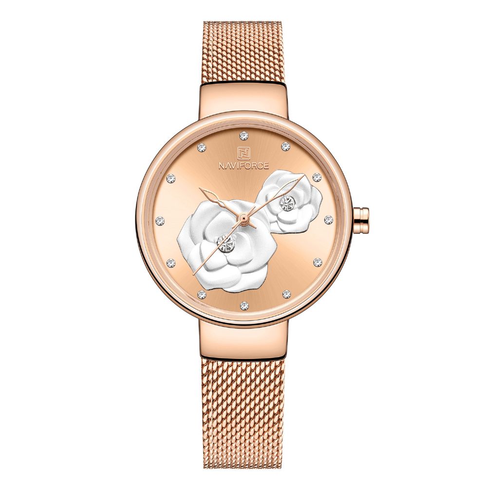 Naviforce 5013 Reliëf Wijzerplaat Unieke Stijl Dames Polshorloge Mesh Stalen Band Quartz Horloge