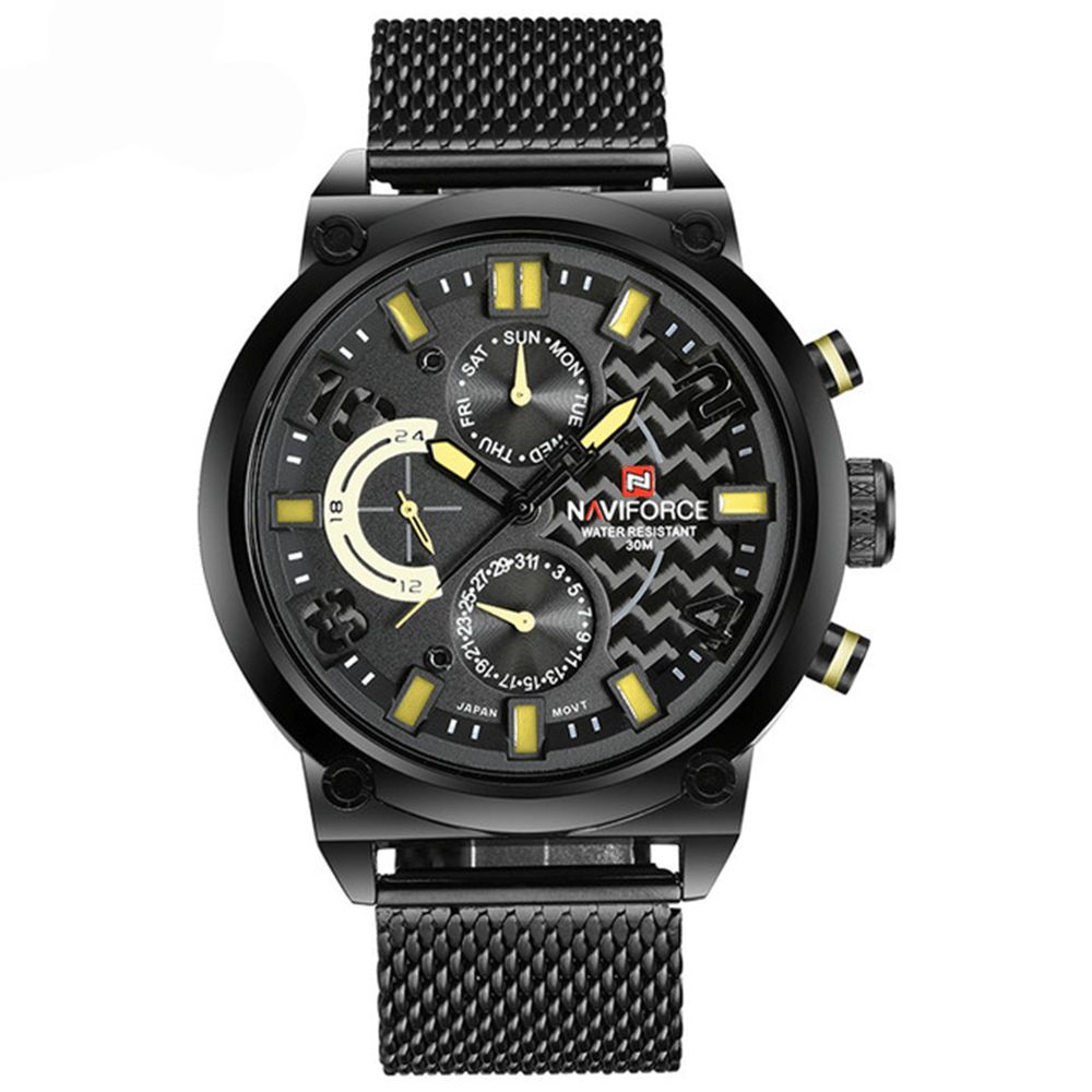 Naviforce 9068 Roestvrijstalen Band Quartz Horloges Waterdicht Weekweergave Herenhorloge