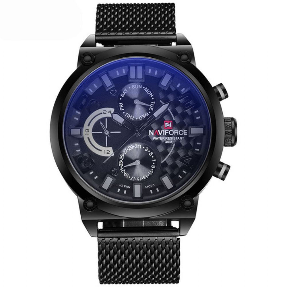 Naviforce 9068 Roestvrijstalen Band Quartz Horloges Waterdicht Weekweergave Herenhorloge