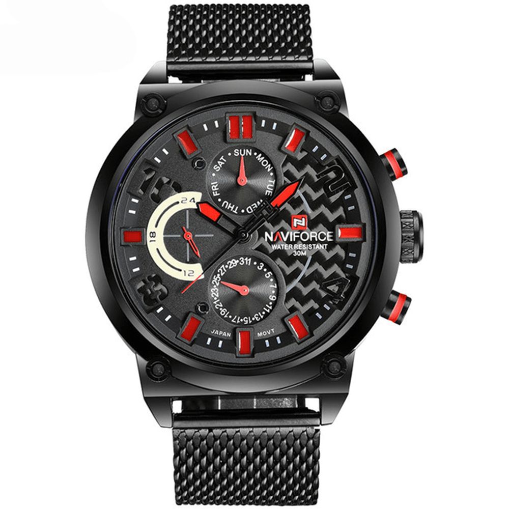 Naviforce 9068 Roestvrijstalen Band Quartz Horloges Waterdicht Weekweergave Herenhorloge