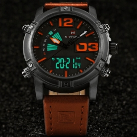 Naviforce 9095 Mode Sport Herenhorloge Casual Lederen Band Sport Polshorloge Met Dubbele Beweging