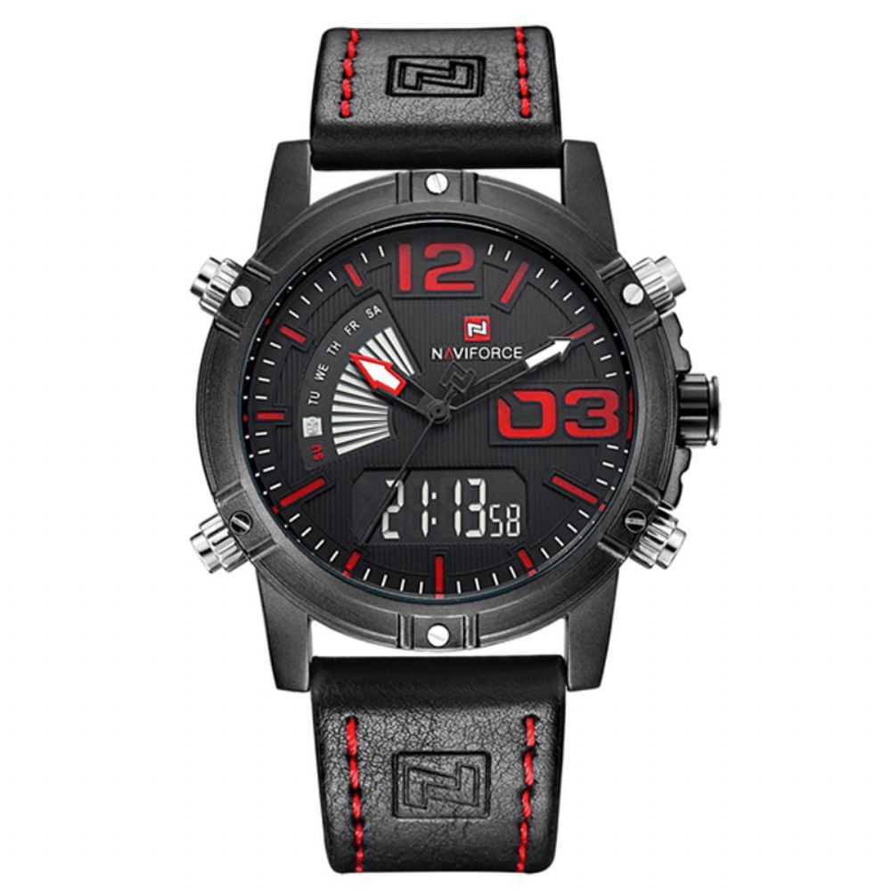 Naviforce 9095 Mode Sport Herenhorloge Casual Lederen Band Sport Polshorloge Met Dubbele Beweging