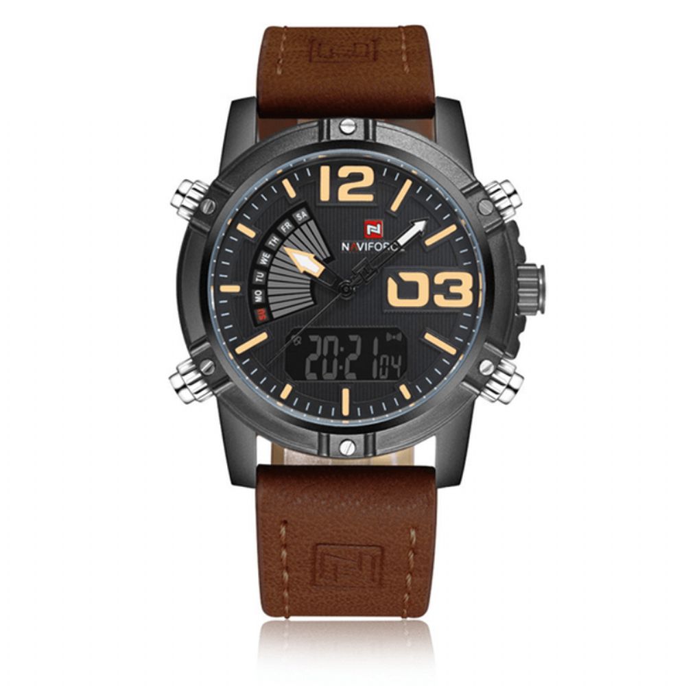 Naviforce 9095 Mode Sport Herenhorloge Casual Lederen Band Sport Polshorloge Met Dubbele Beweging