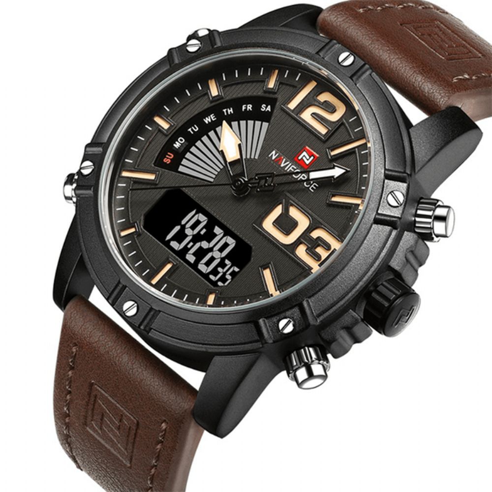 Naviforce 9095 Mode Sport Herenhorloge Casual Lederen Band Sport Polshorloge Met Dubbele Beweging