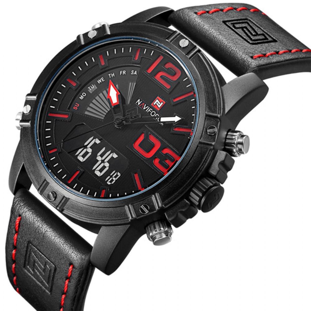 Naviforce 9095 Mode Sport Herenhorloge Casual Lederen Band Sport Polshorloge Met Dubbele Beweging