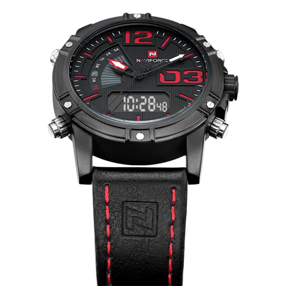 Naviforce 9095 Mode Sport Herenhorloge Casual Lederen Band Sport Polshorloge Met Dubbele Beweging