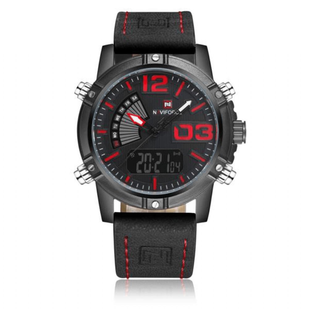 Naviforce 9095 Mode Sport Herenhorloge Casual Lederen Band Sport Polshorloge Met Dubbele Beweging