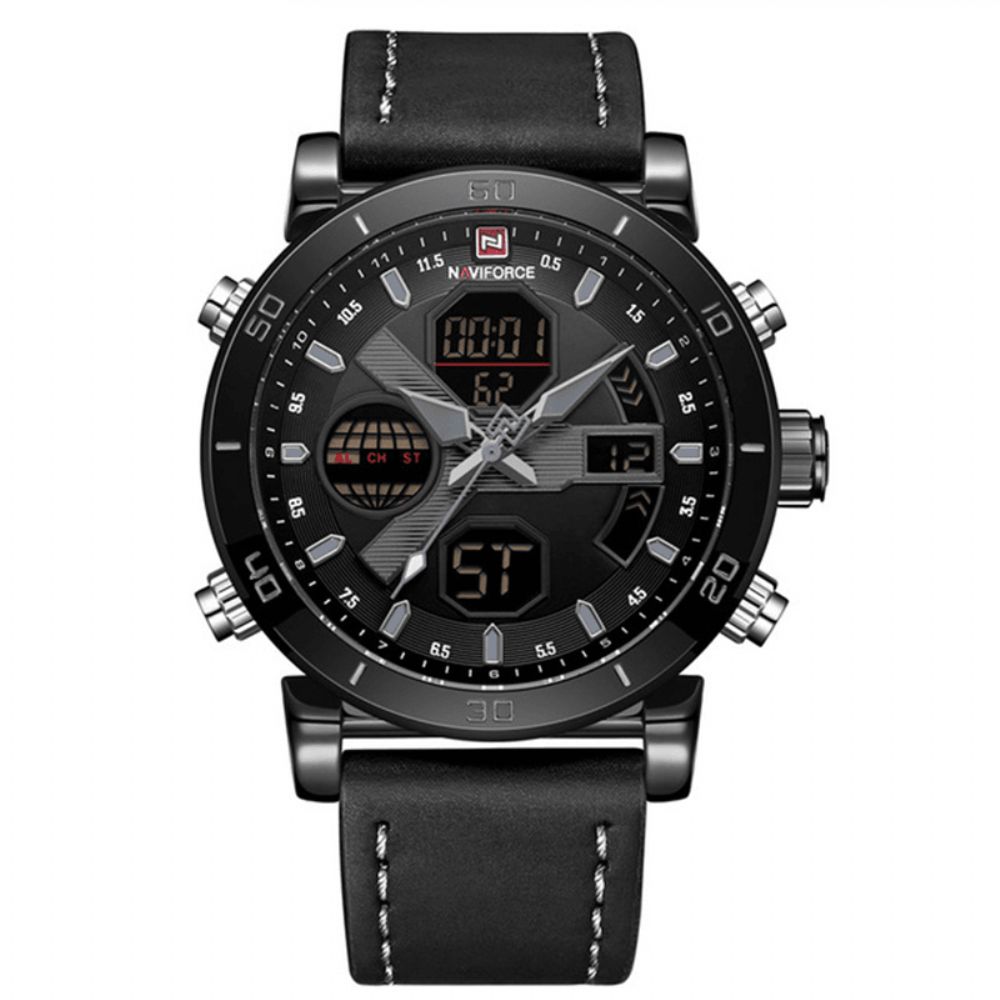 Naviforce 9132 Dual Display Digitaal Horloge Heren Lichtgevend Kalenderhorloge Lederen Band Horloge