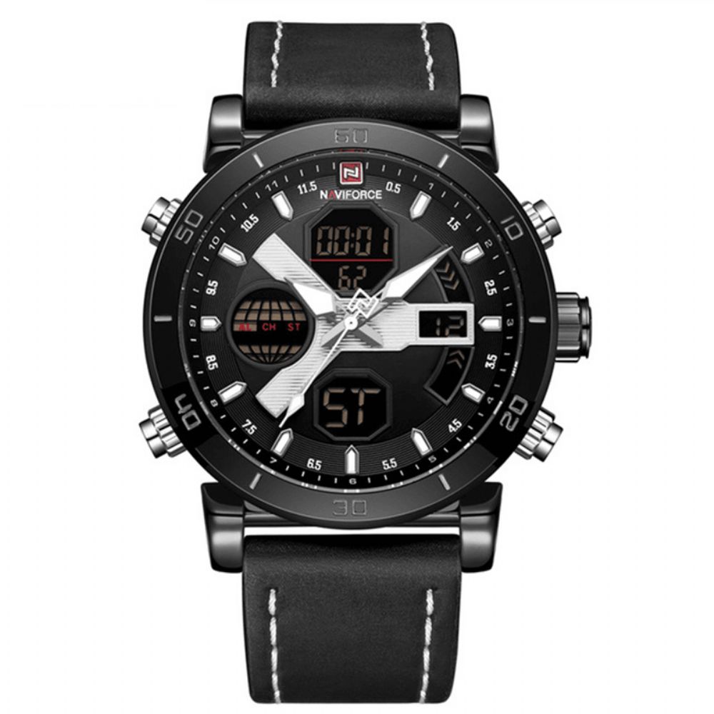 Naviforce 9132 Dual Display Digitaal Horloge Heren Lichtgevend Kalenderhorloge Lederen Band Horloge