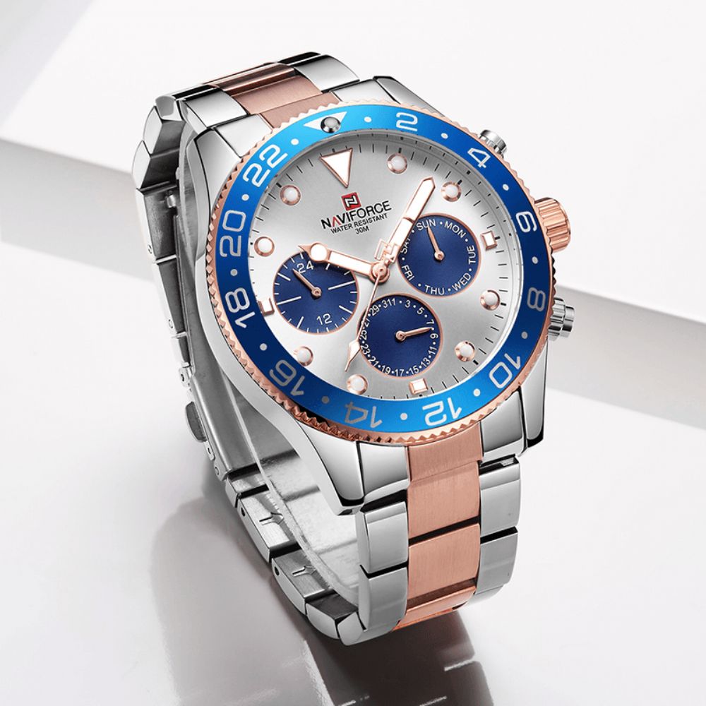 Naviforce 9147 Waterdicht 24 Uur Herenhorloge Volledig Stalen Zakelijke Stijl Quartzhorloge