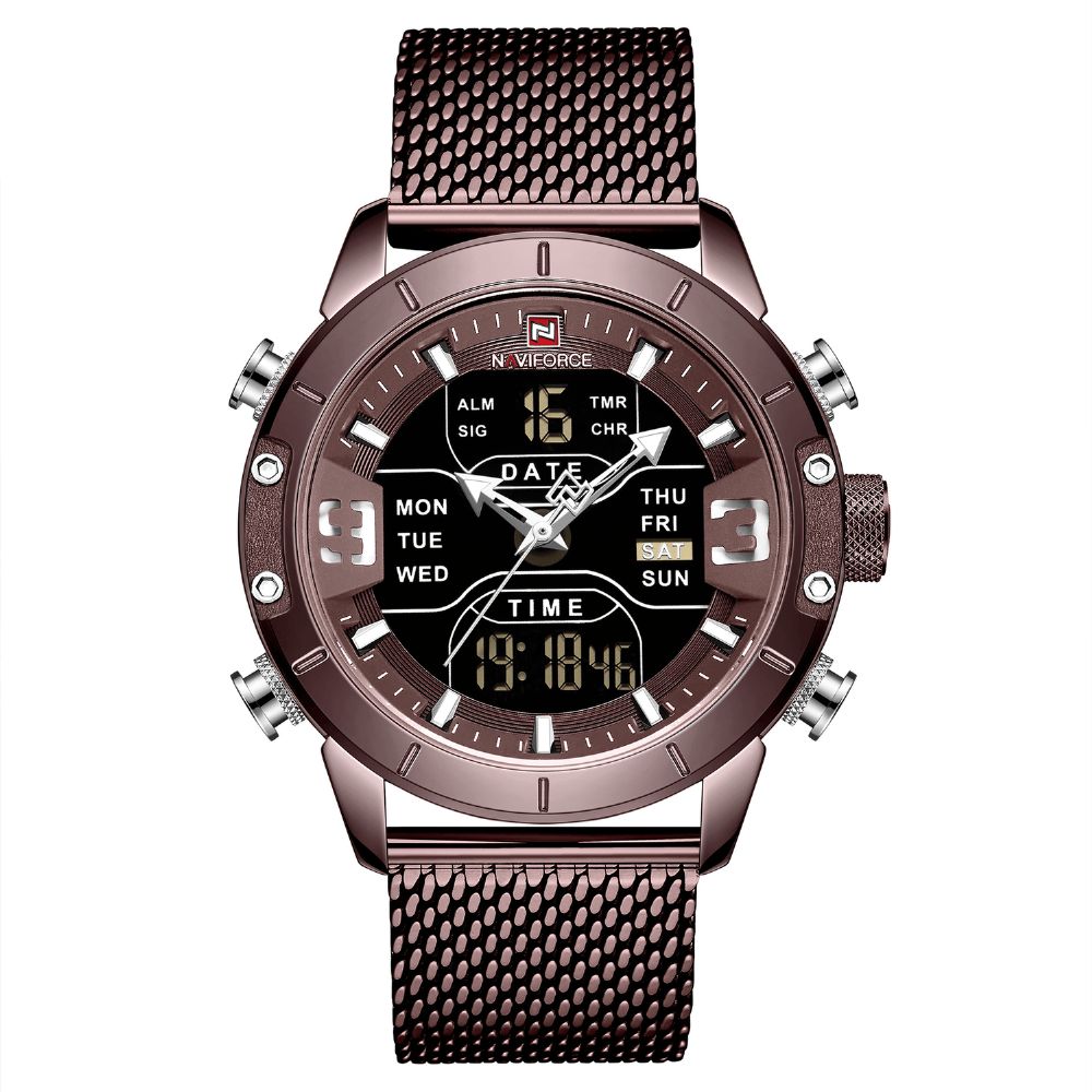 Naviforce 9153 Waterdicht Horloge Met Dubbele Weergave Kalender Volledig Stalen Zakelijke Heren Digitaal Horloge