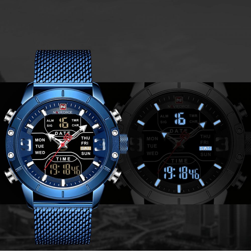 Naviforce 9153 Zakelijke Stijl Led Dual Digital Horloge Waterdicht Volledig Stalen Quartz Horloge