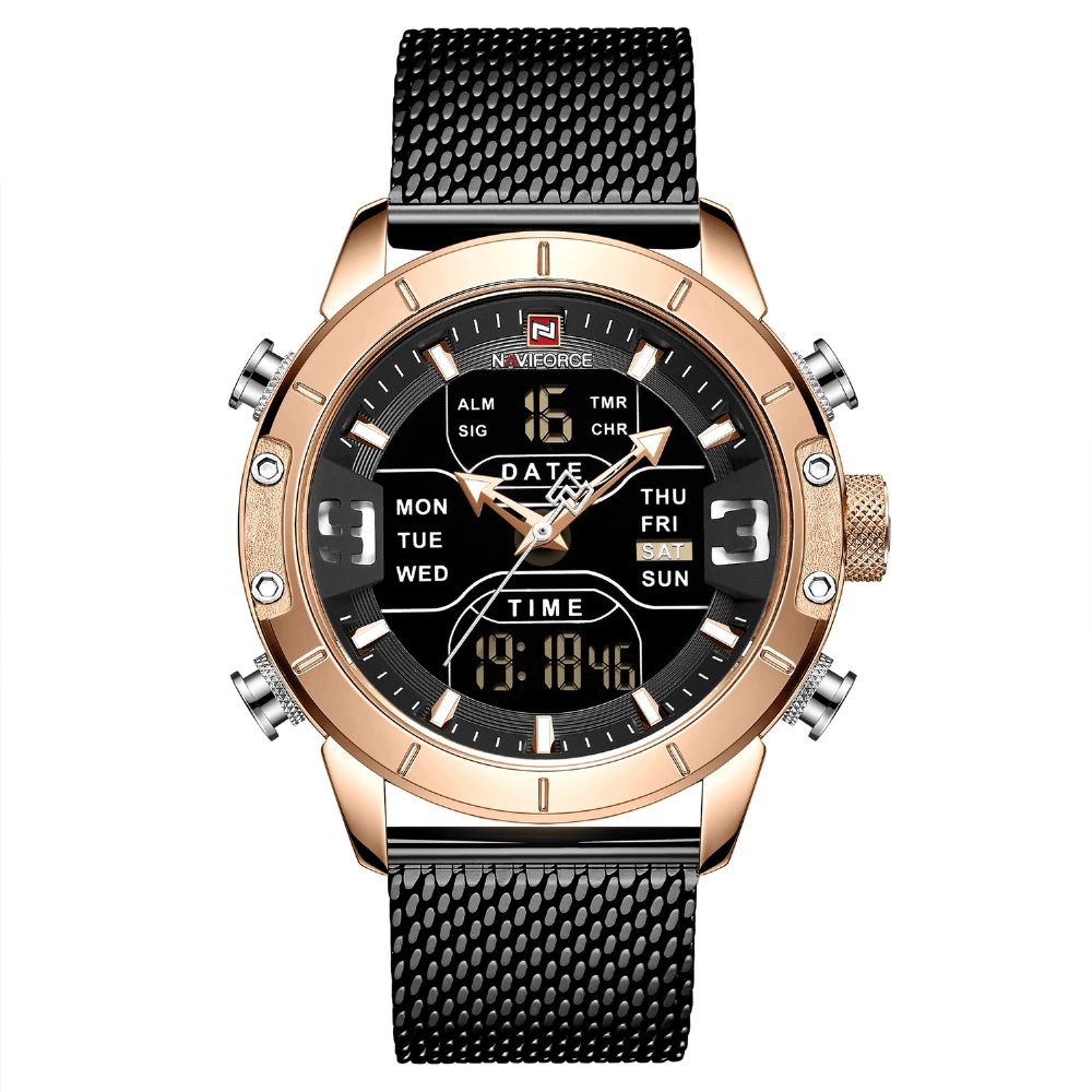 Naviforce 9153 Zakelijke Stijl Led Dual Digital Horloge Waterdicht Volledig Stalen Quartz Horloge