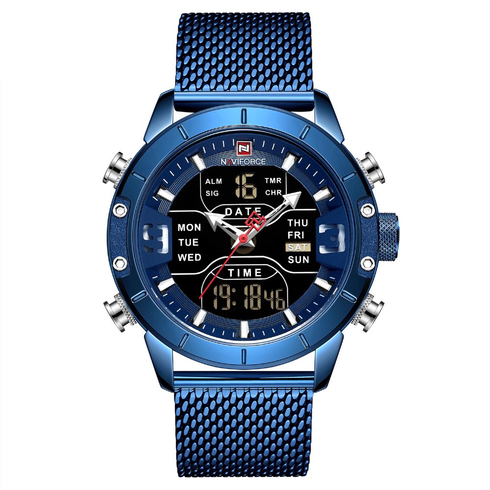 Naviforce 9153 Zakelijke Stijl Led Dual Digital Horloge Waterdicht Volledig Stalen Quartz Horloge