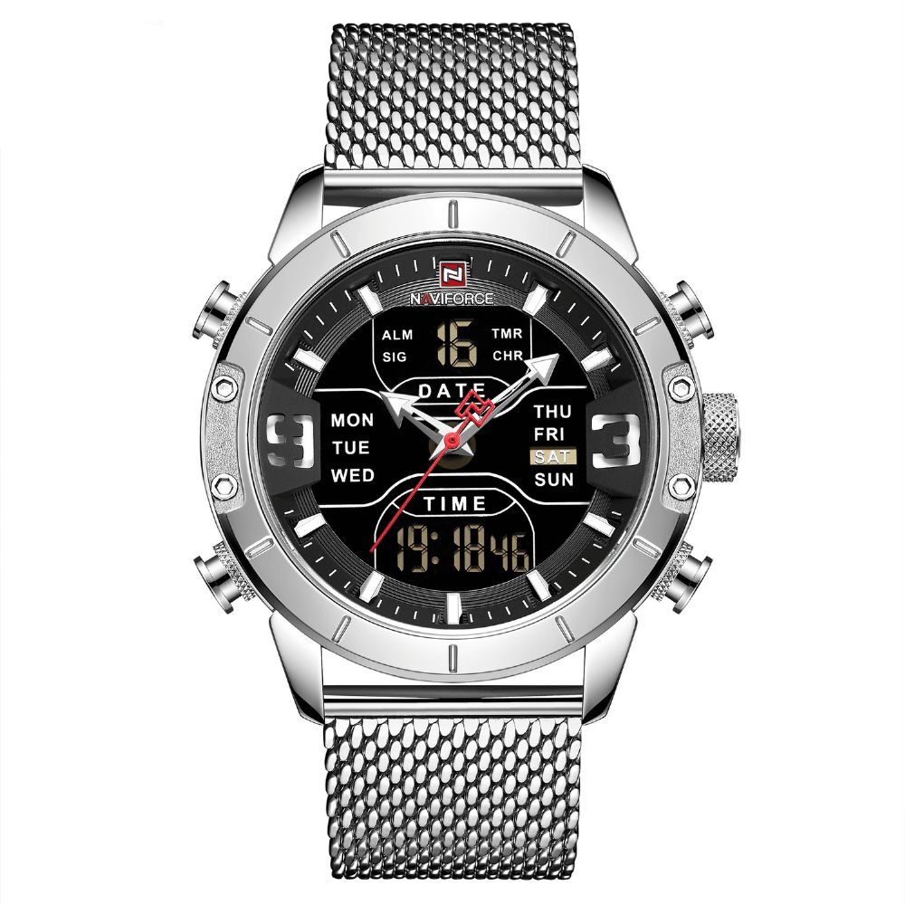 Naviforce 9153 Zakelijke Stijl Led Dual Digital Horloge Waterdicht Volledig Stalen Quartz Horloge