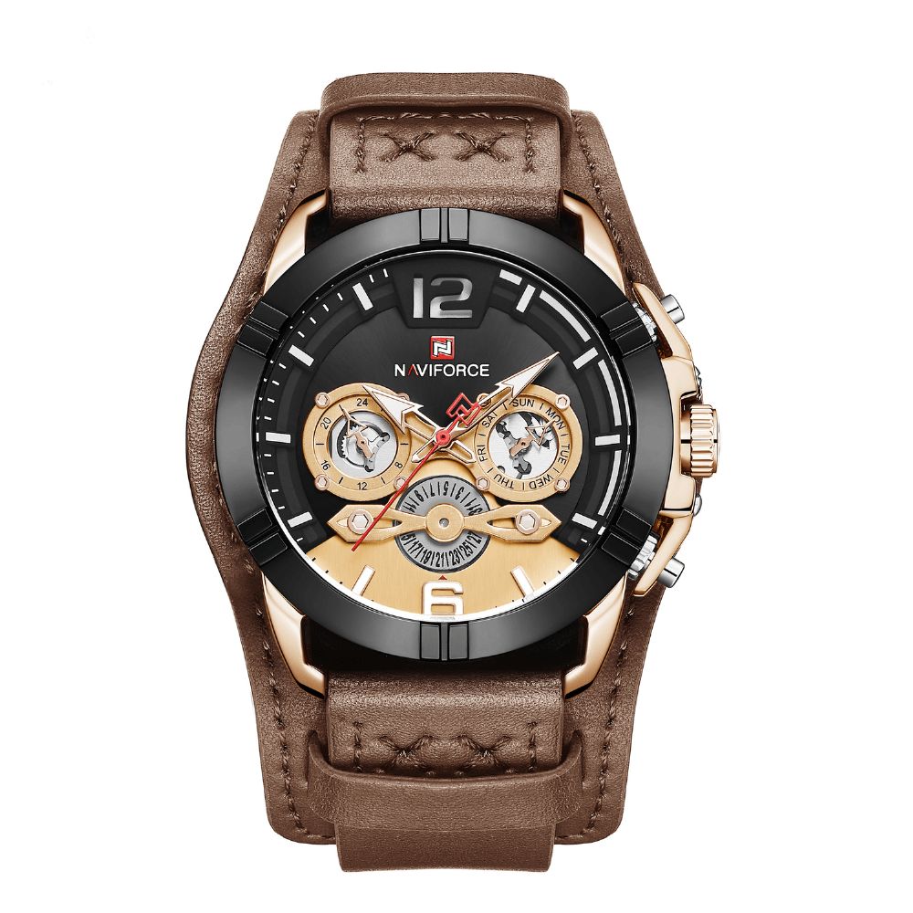 Naviforce 9162 Multifunctionele Datumweergave Heren Polshorloge Echt Lederen Band Quartz Horloge