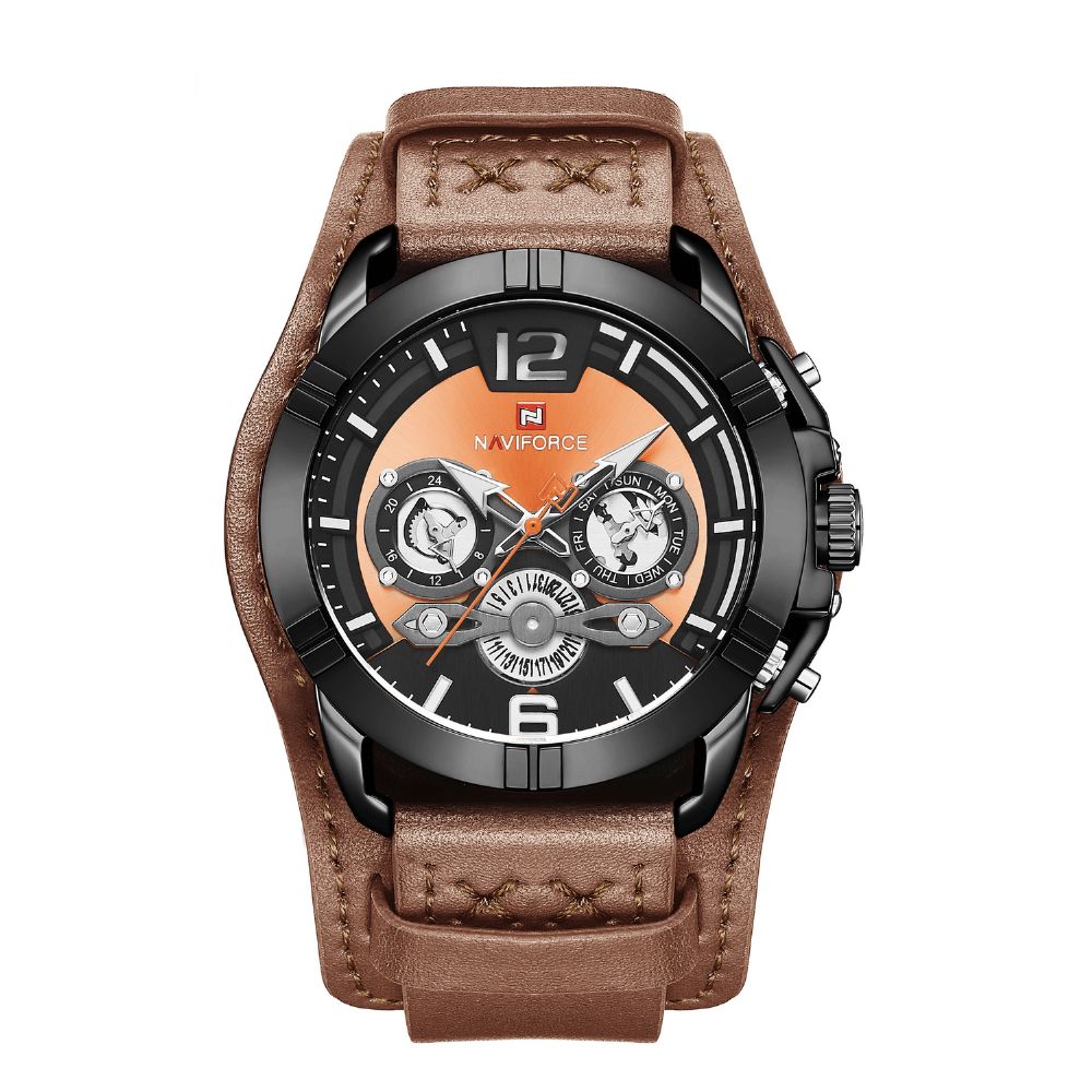 Naviforce 9162 Multifunctionele Datumweergave Heren Polshorloge Echt Lederen Band Quartz Horloge