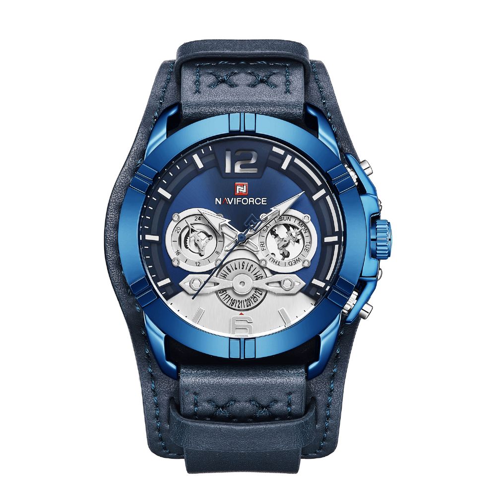 Naviforce 9162 Multifunctionele Datumweergave Heren Polshorloge Echt Lederen Band Quartz Horloge