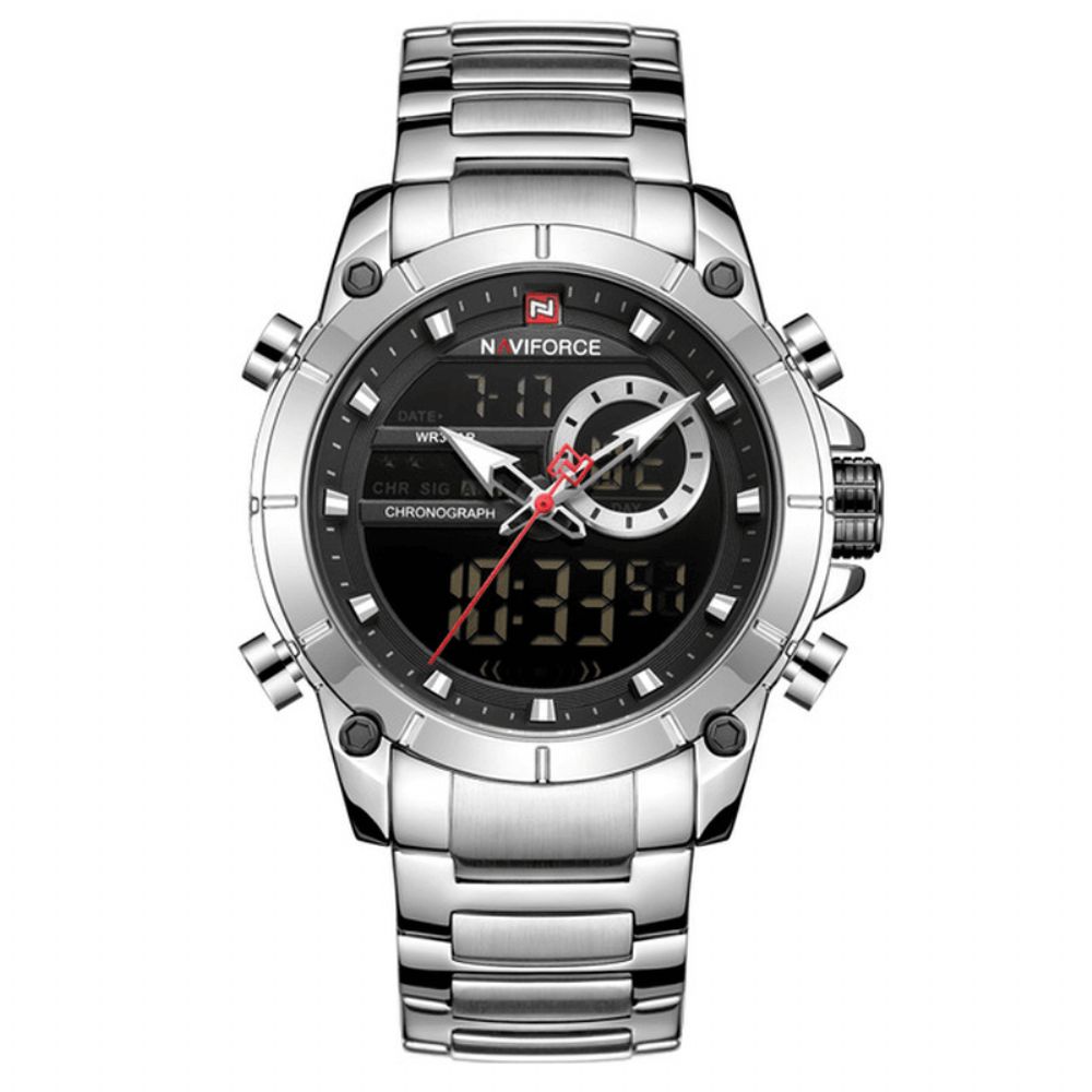 Naviforce 9163 Waterdicht Alarm Zakelijke Stijl Dual Display Horloge Volledig Stalen Quartz Horloge