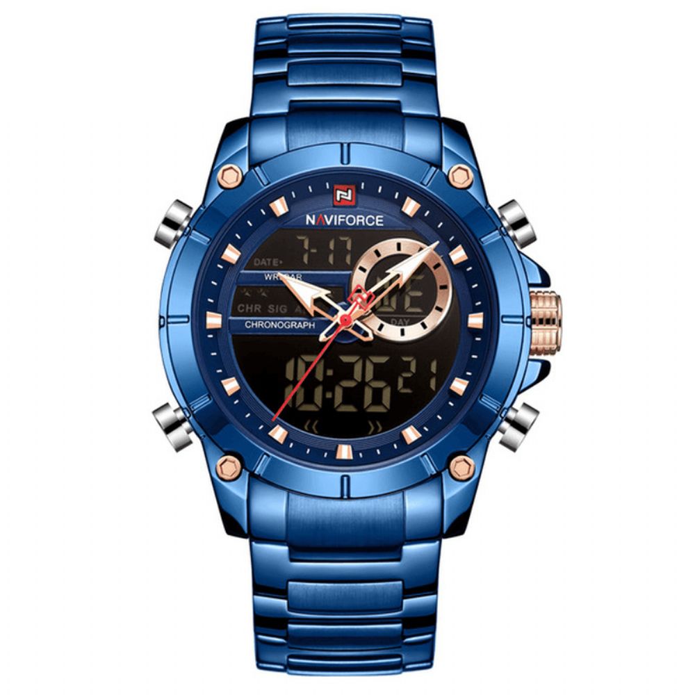 Naviforce 9163 Waterdicht Alarm Zakelijke Stijl Dual Display Horloge Volledig Stalen Quartz Horloge