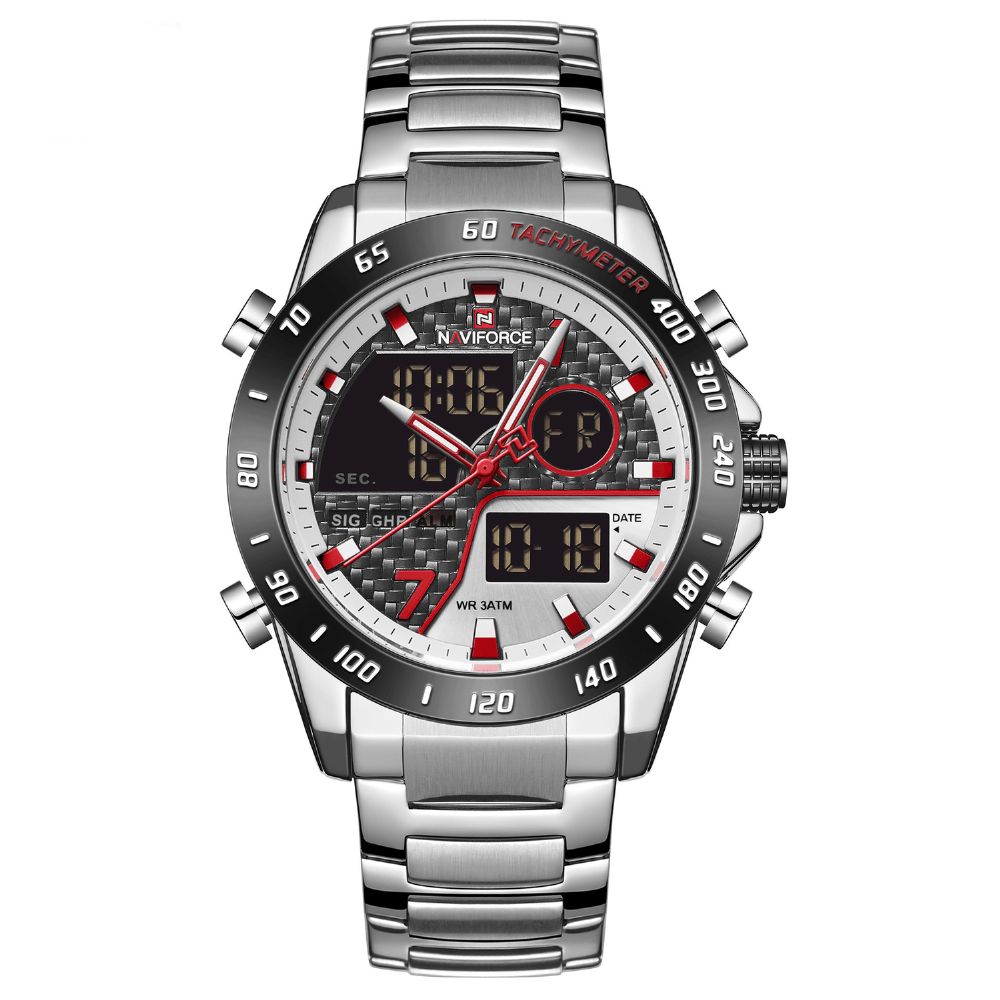 Naviforce 9171 Volledig Stalen Horloge Met Dubbel Display Lichtgevend Heren Quartzhorloge