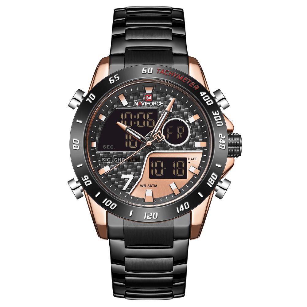 Naviforce 9171 Volledig Stalen Horloge Met Dubbel Display Lichtgevend Heren Quartzhorloge