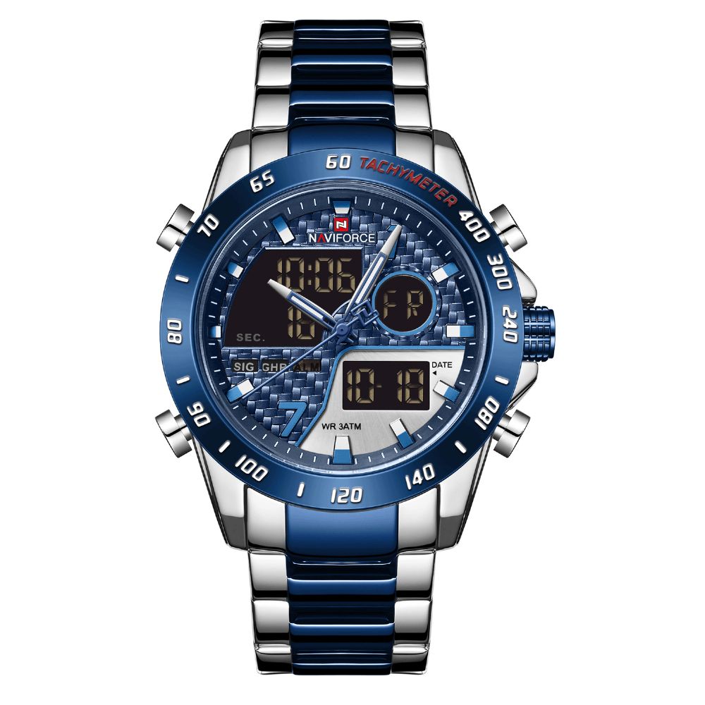 Naviforce 9171 Volledig Stalen Horloge Met Dubbel Display Lichtgevend Heren Quartzhorloge