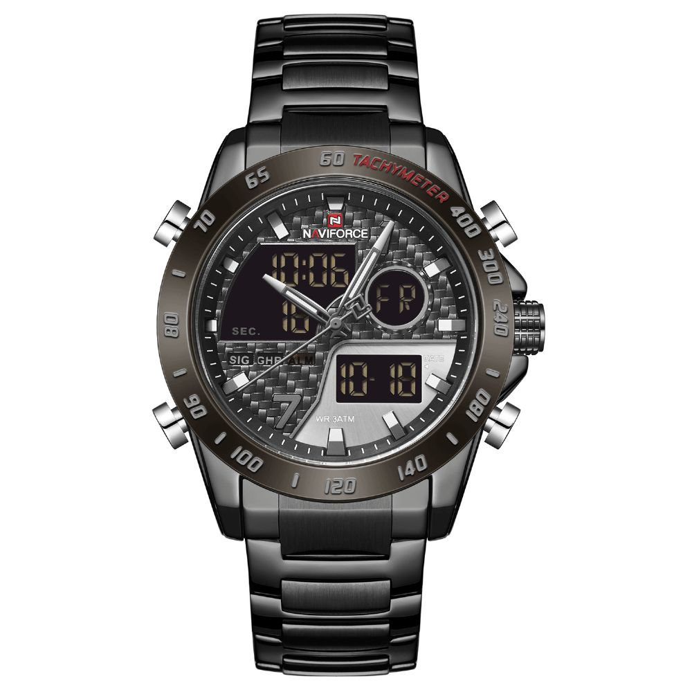 Naviforce 9171 Volledig Stalen Horloge Met Dubbel Display Lichtgevend Heren Quartzhorloge