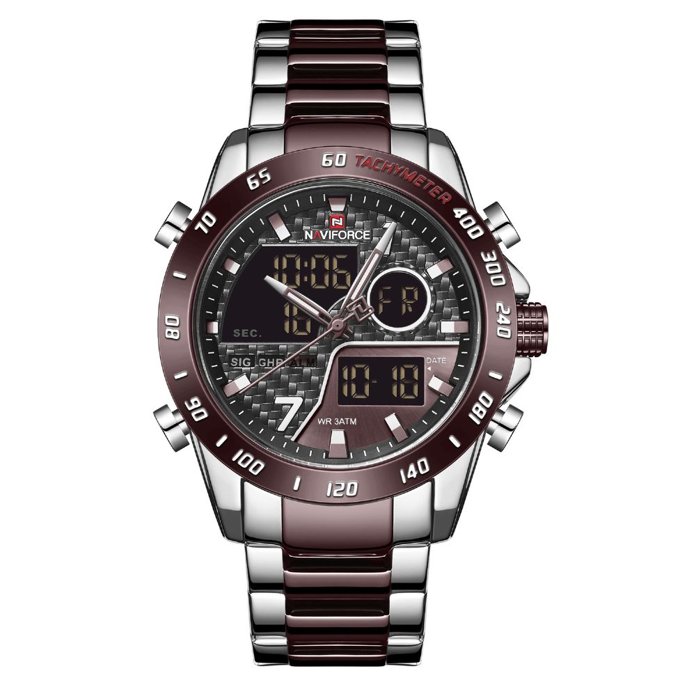 Naviforce 9171 Volledig Stalen Horloge Met Dubbel Display Lichtgevend Heren Quartzhorloge