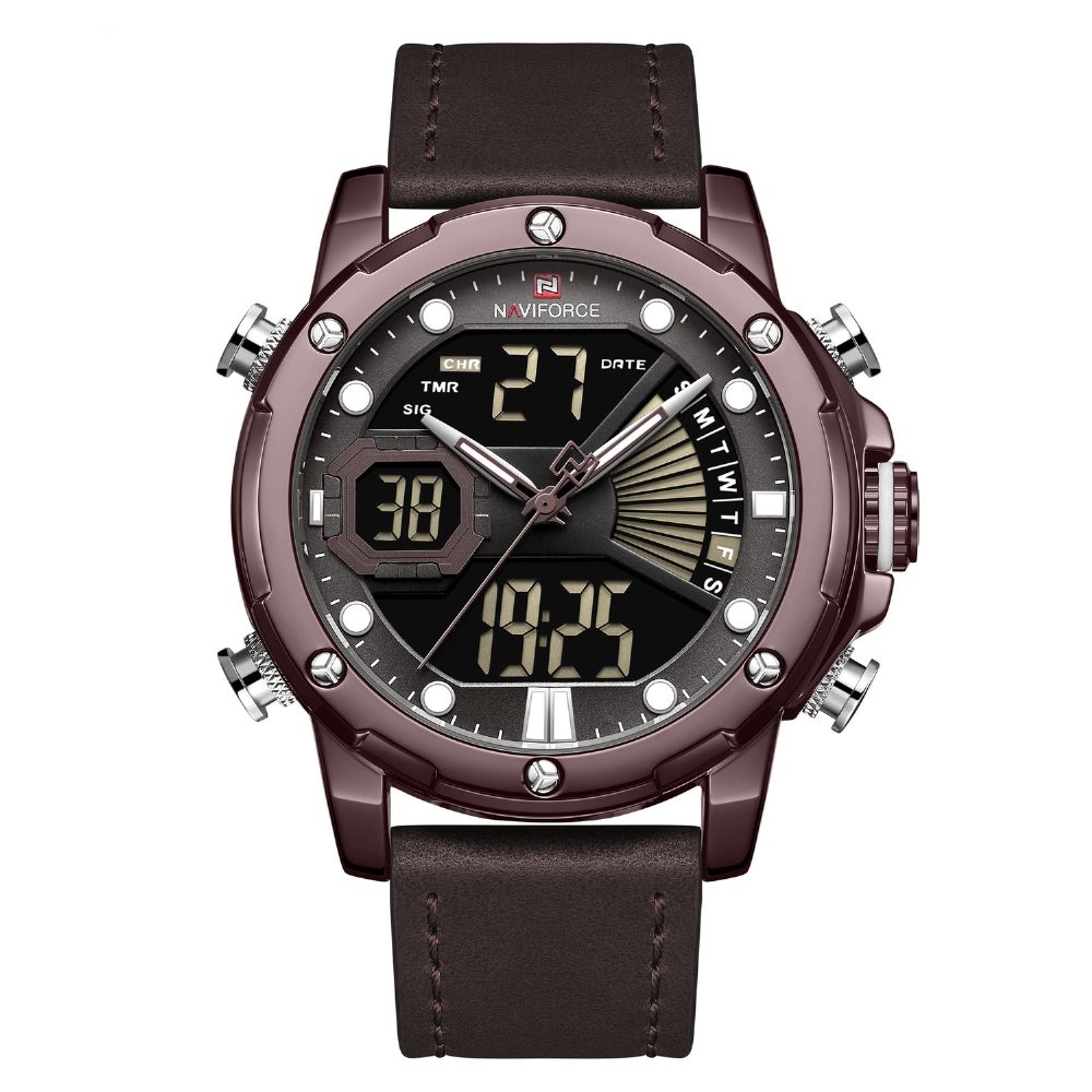 Naviforce 9172 Kalender Lichtgevend Kwartshorloge Echt Lederen Band Herenhorloge