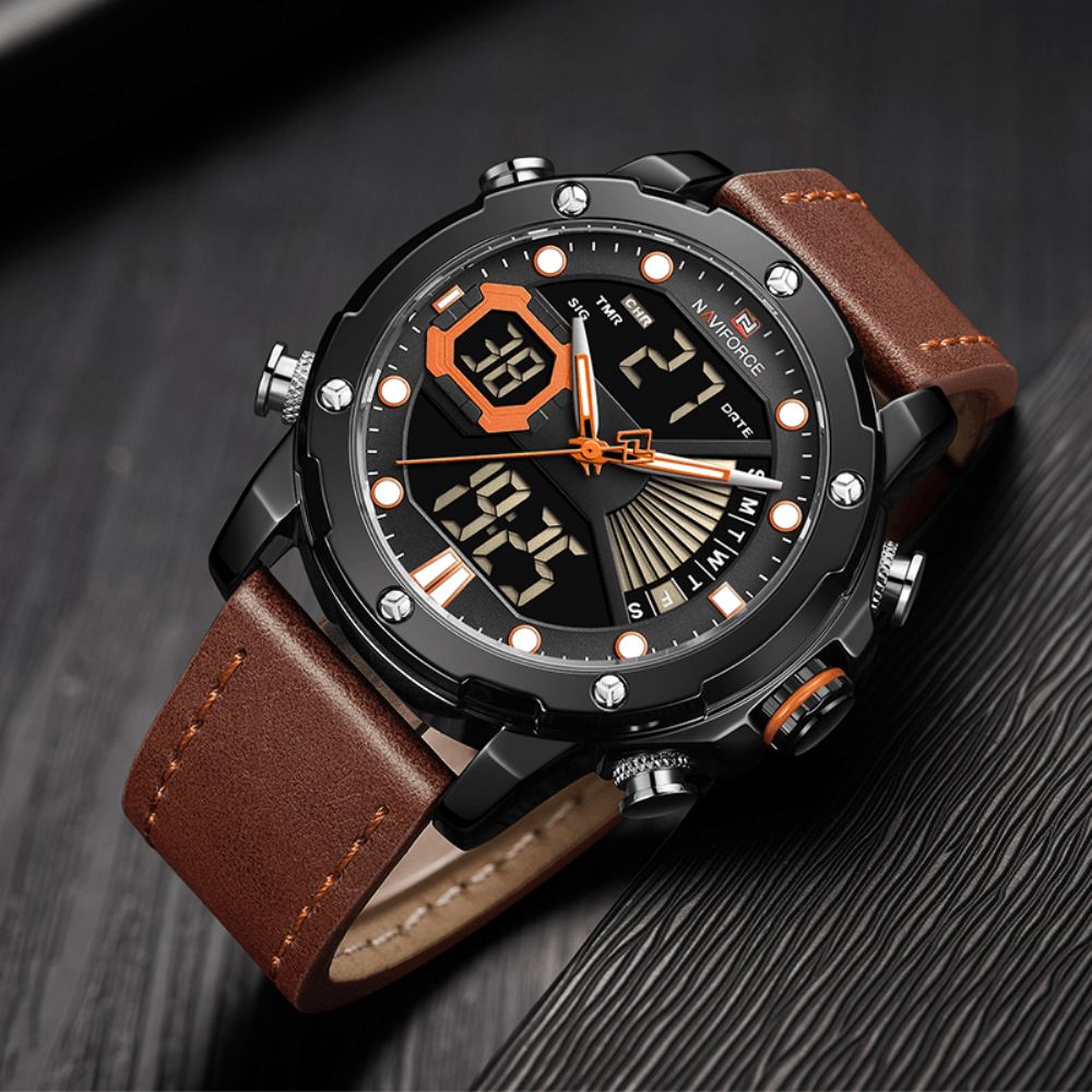 Naviforce 9172 Kalender Lichtgevend Kwartshorloge Echt Lederen Band Herenhorloge