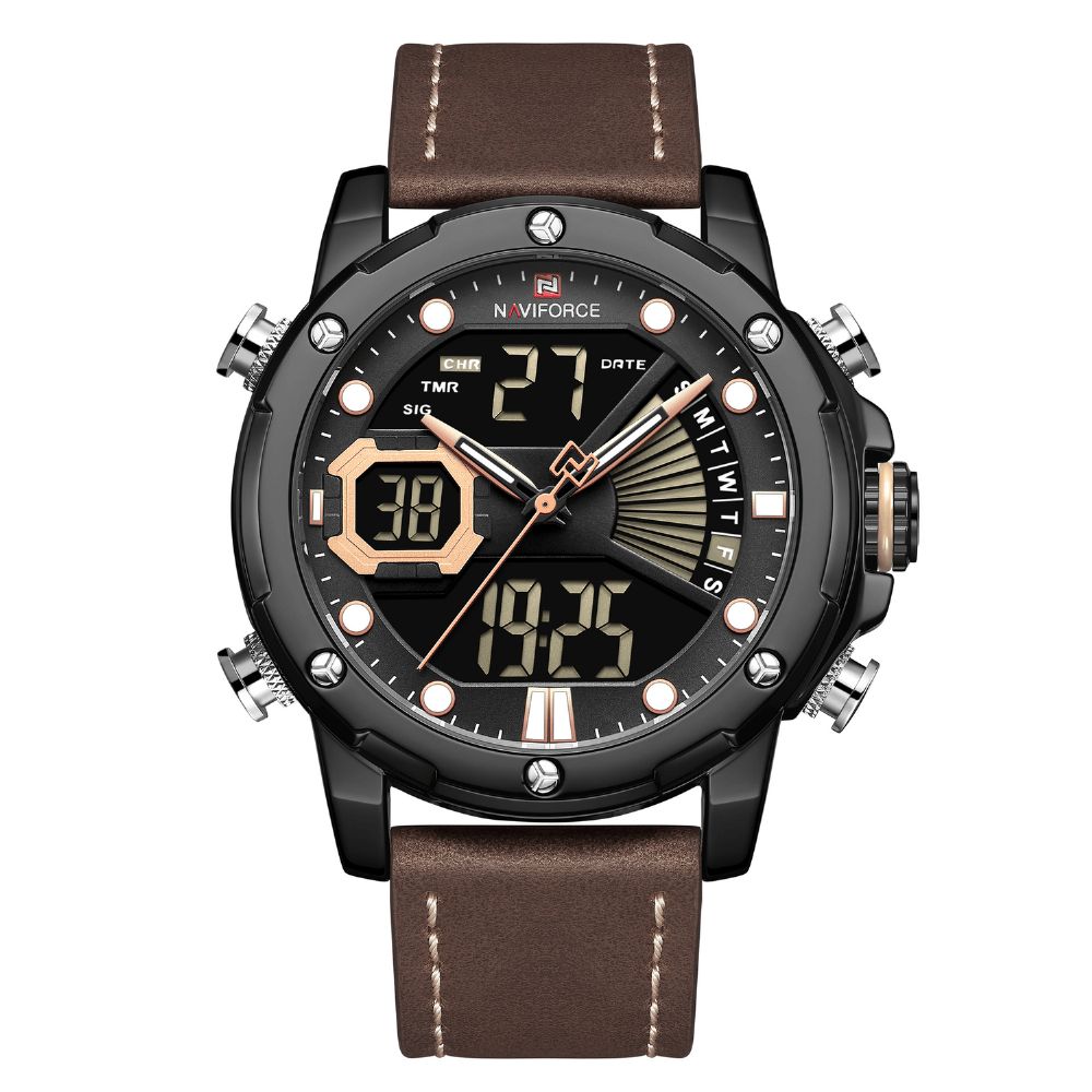 Naviforce 9172 Kalender Lichtgevend Kwartshorloge Echt Lederen Band Herenhorloge