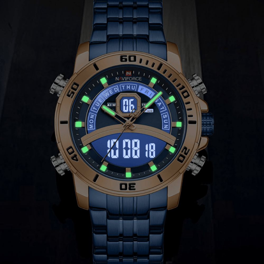 Naviforce 9181S Full Steel Dual Display Chronograph Heren Polshorloge Lichtgevende Hand Quartz Horloge