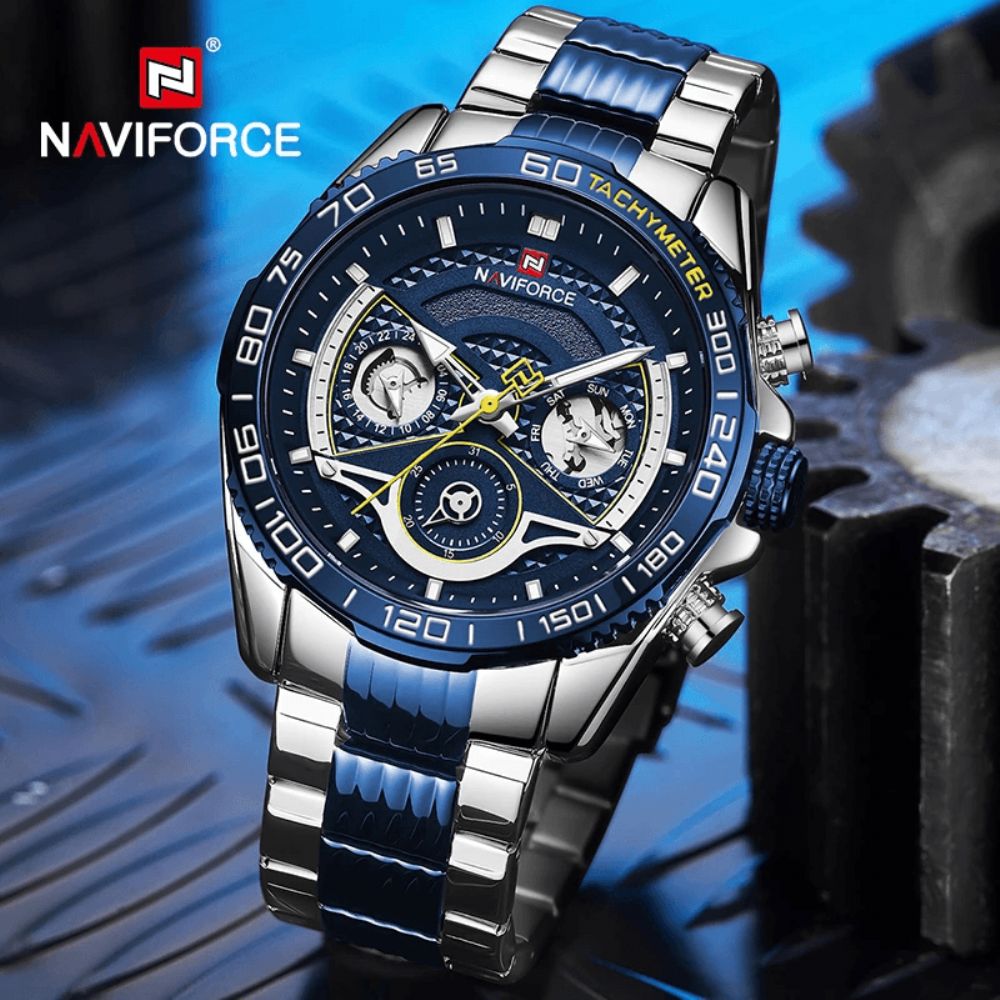 Naviforce 9185 Luminous Display Kalender Volledig Stalen Quartz Horloge Modieuze Waterdichte Herenhorloges