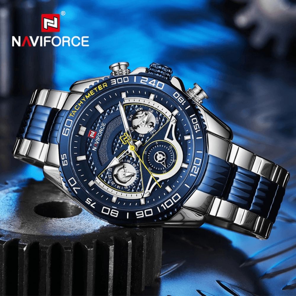 Naviforce 9185 Luminous Display Kalender Volledig Stalen Quartz Horloge Modieuze Waterdichte Herenhorloges